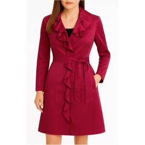 WHBM Burgundy Satin Ruffle Trench Coat Size XS 🍷💃♥️